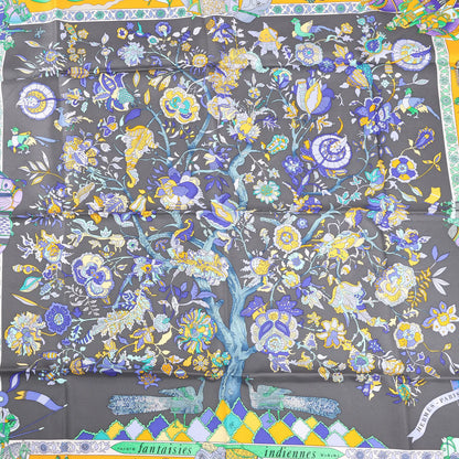 Hermès Carré 90 "Fantaisies Indiennes" Silk handkerchief in Navy Blue x Yellow