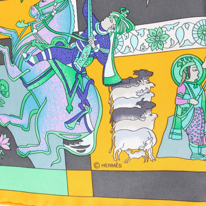 Hermès Carré 90 "Fantaisies Indiennes" Silk handkerchief in Navy Blue x Yellow