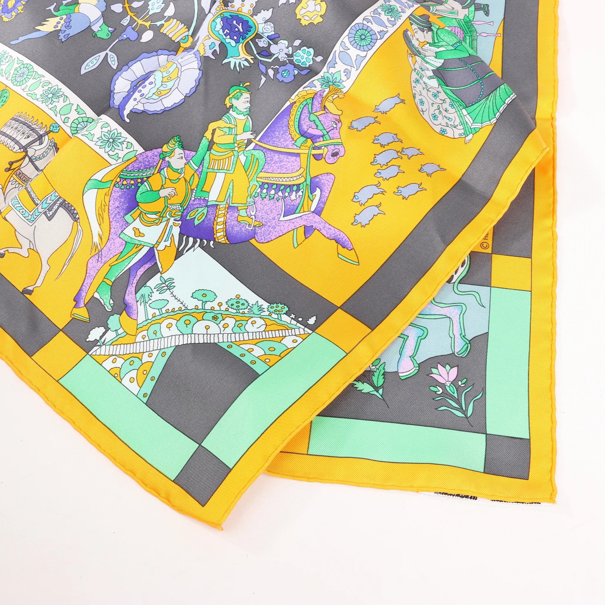 Hermès Carré 90 "Fantaisies Indiennes" Silk handkerchief in Navy Blue x Yellow