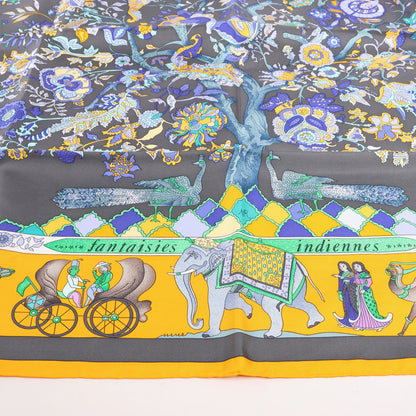 Hermès Carré 90 "Fantaisies Indiennes" Silk handkerchief in Navy Blue x Yellow