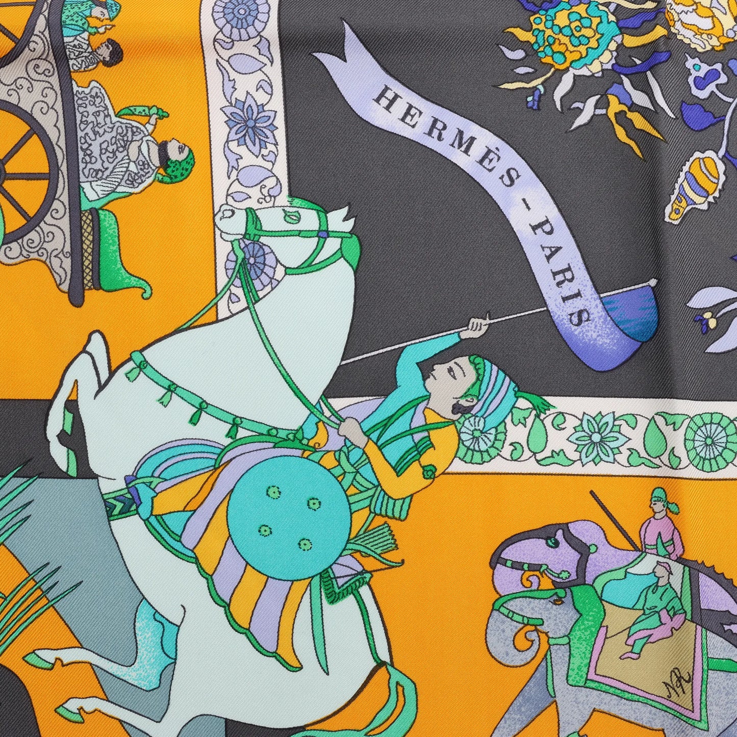 Hermès Carré 90 "Fantaisies Indiennes" Silk handkerchief in Navy Blue x Yellow