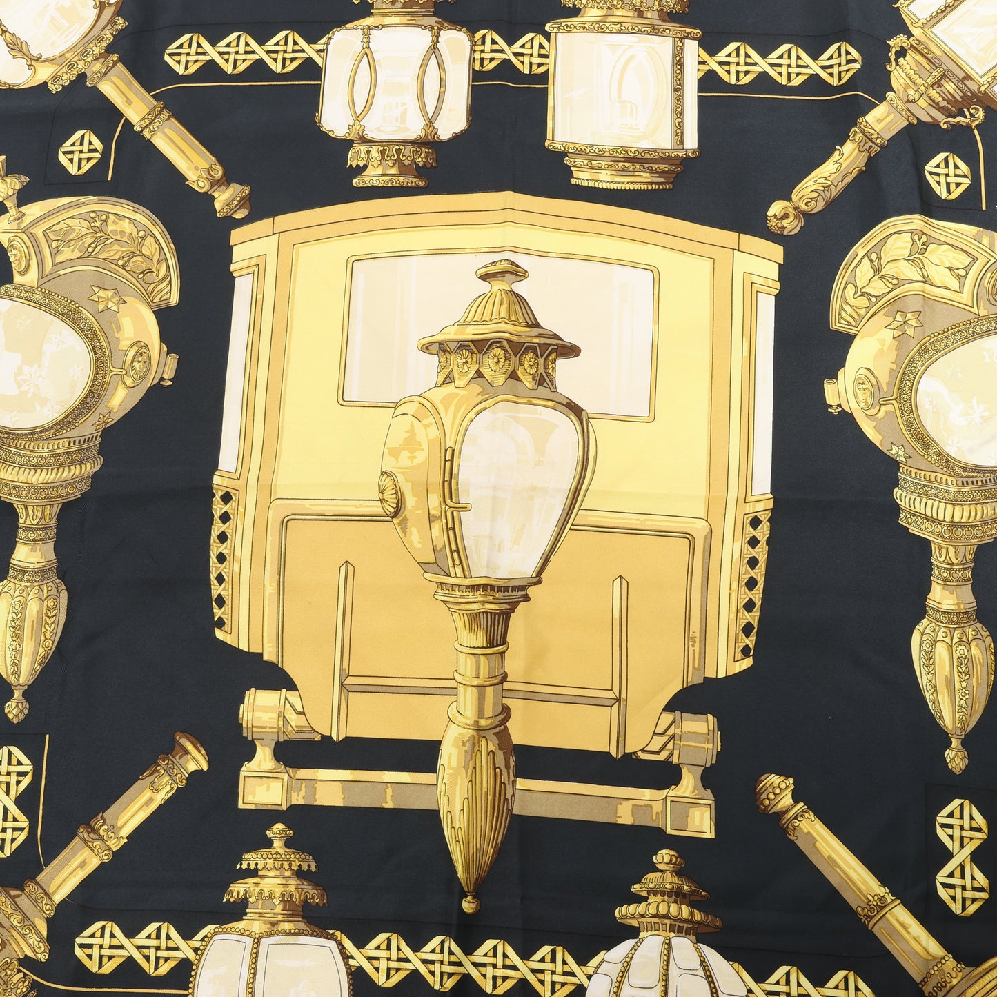 Hermès Carré 90 "Feux de Route" 100% Silk Scarf in Black x Gold