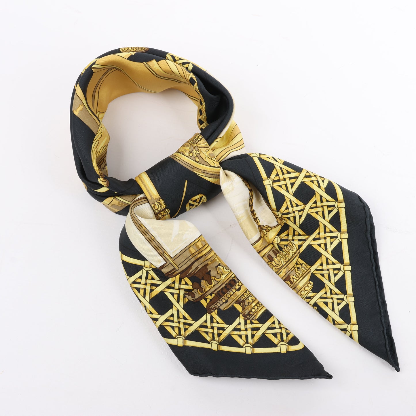 Hermès Carré 90 "Feux de Route" 100% Silk Scarf in Black x Gold