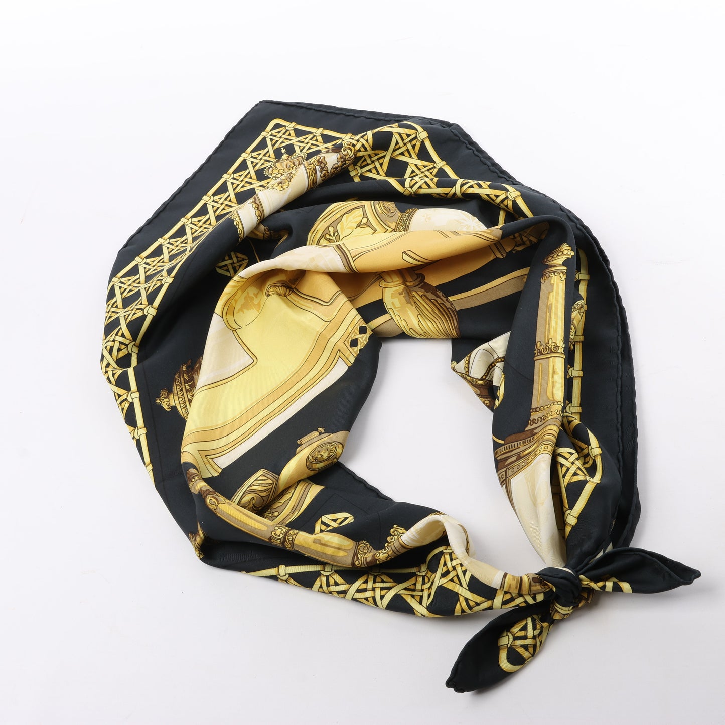 Hermès Carré 90 "Feux de Route" 100% Silk Scarf in Black x Gold