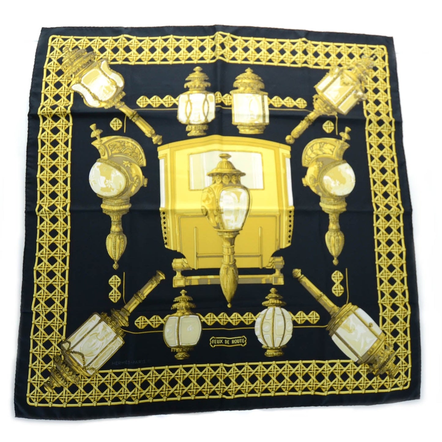 Hermès Carré 90 "Feux de Route" 100% Silk Scarf in Black x Gold
