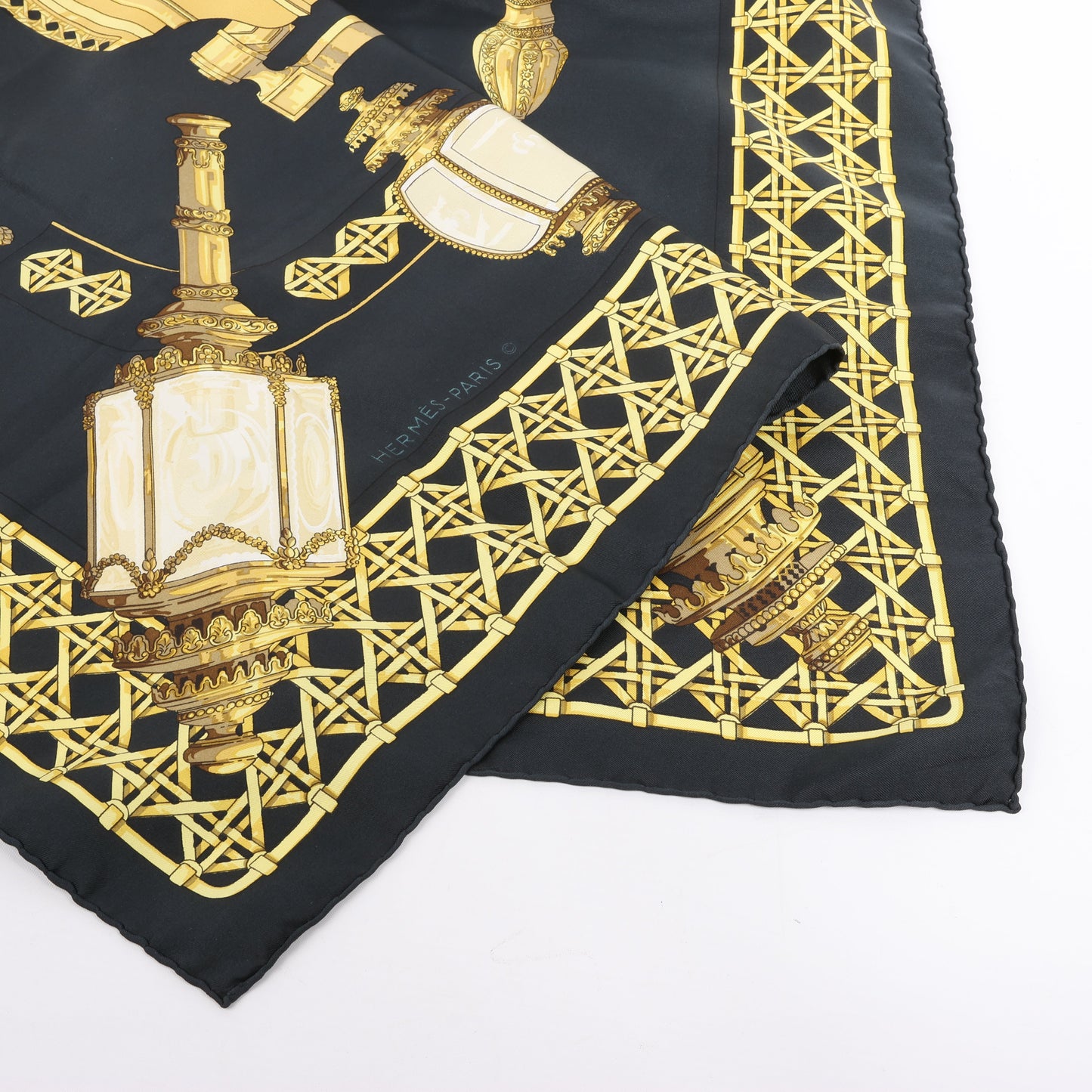 Hermès Carré 90 "Feux de Route" 100% Silk Scarf in Black x Gold