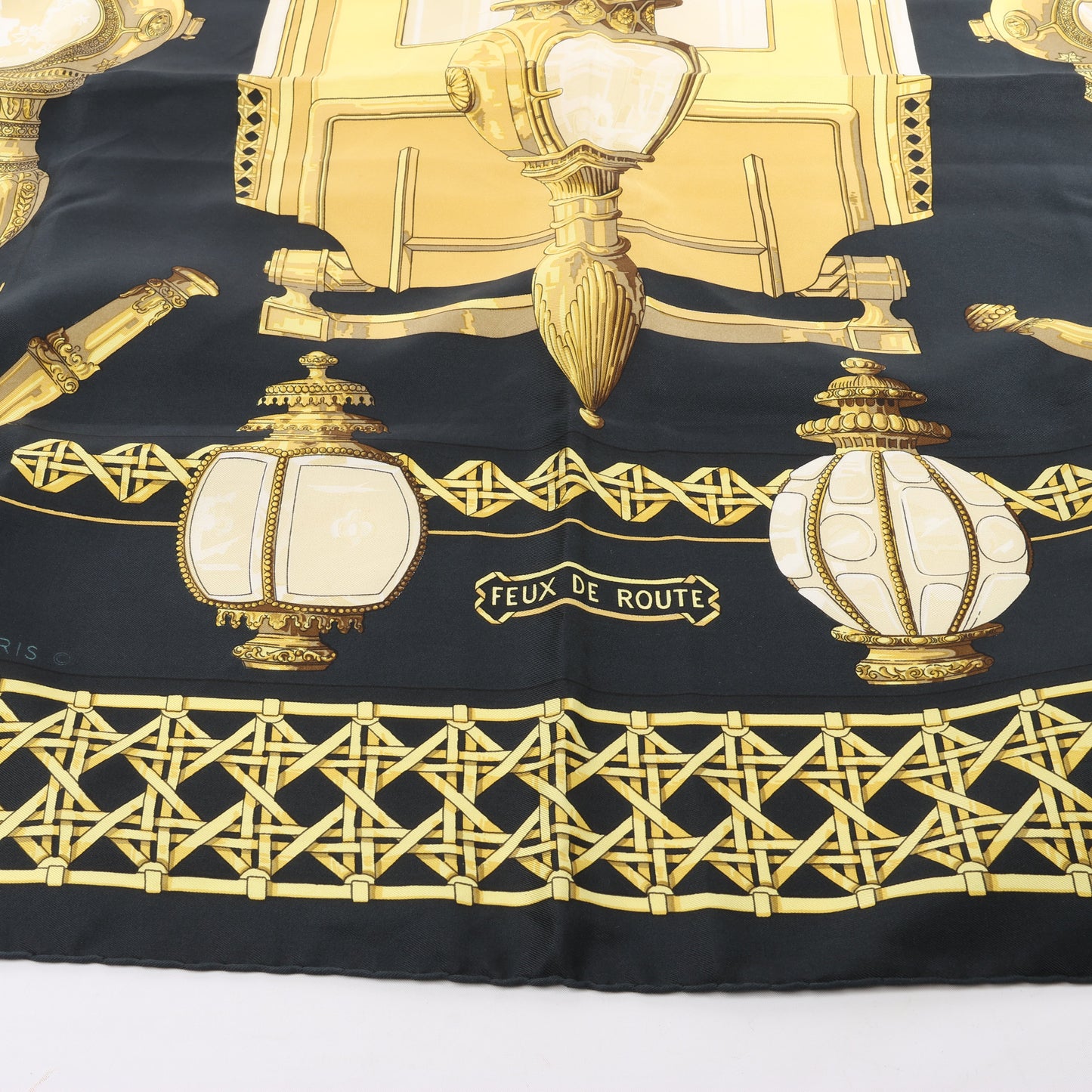 Hermès Carré 90 "Feux de Route" 100% Silk Scarf in Black x Gold