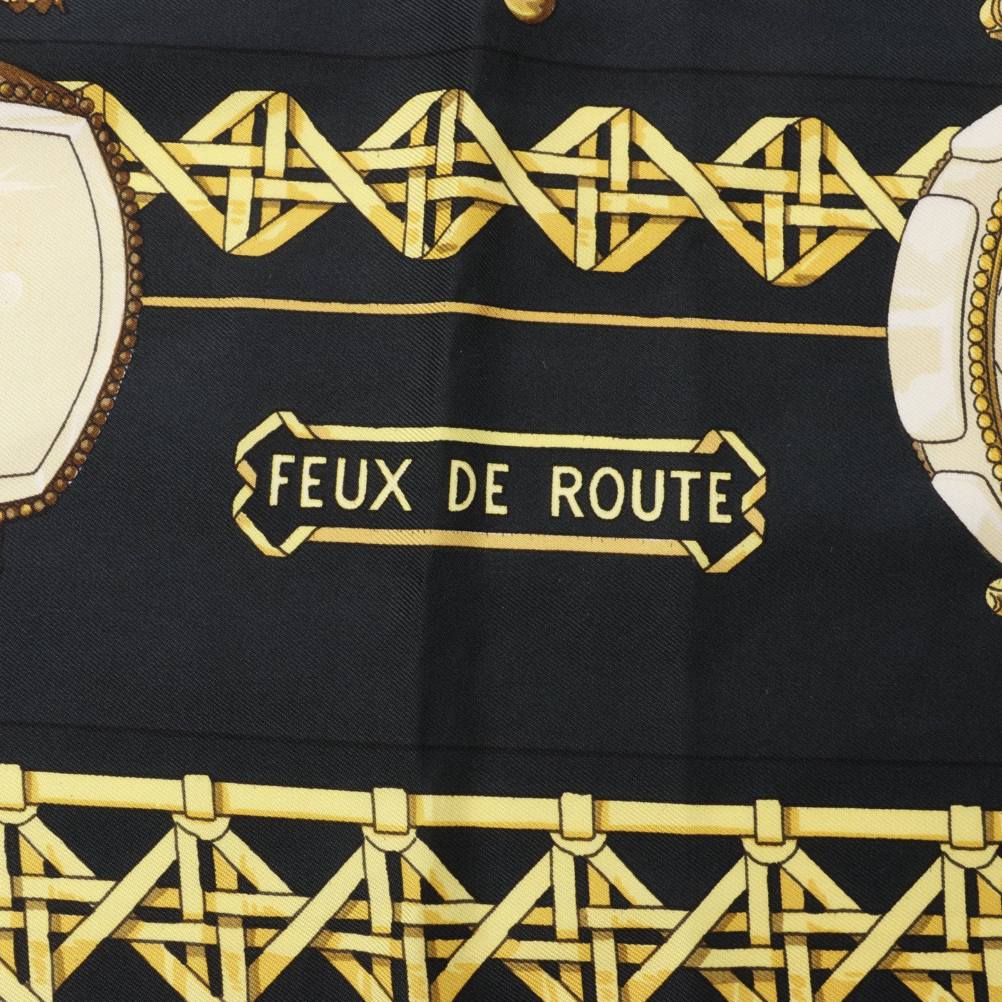 Hermès Carré 90 "Feux de Route" 100% Silk Scarf in Black x Gold