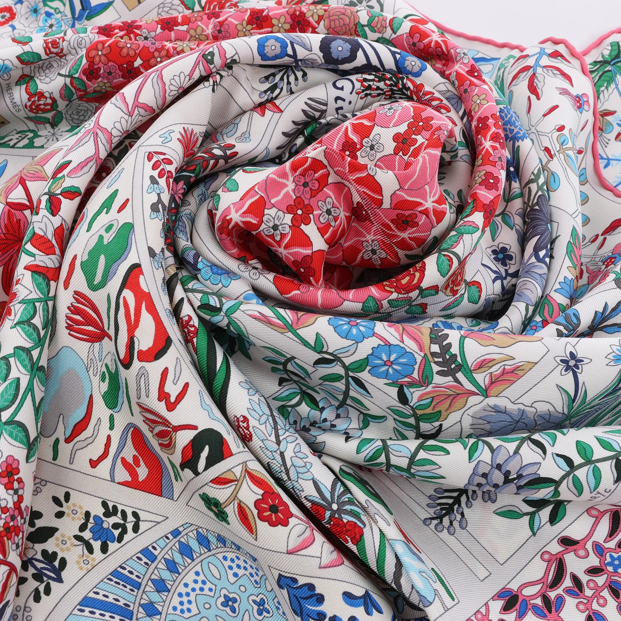 Hermès Carré 90 "Fleurs de Givern" Silk handkerchief in Gray x Red