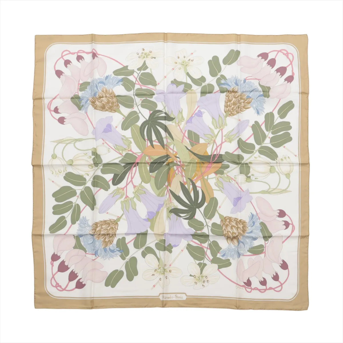 Hermès Carré 90 “Flora Graeca” silk scarf in beige with a white background, showcasing a soft pastel floral pattern including leaves, blossoms, and seed pods in a balanced, symmetrical layout.