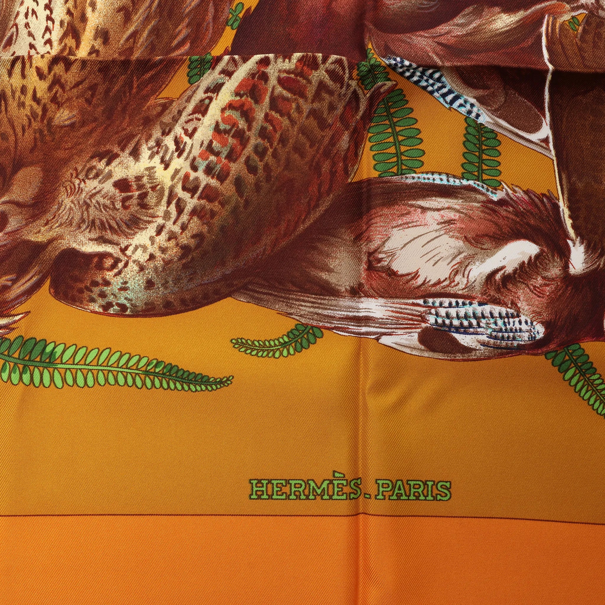 Hermès Carré 90 "GIBIERS" Silk handkerchief in Orange