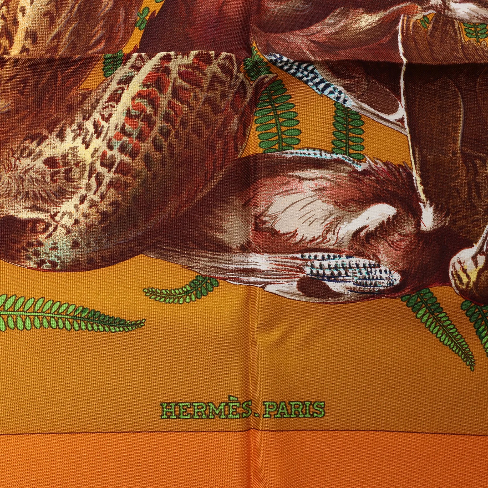 Hermès Carré 90 "GIBIERS" Silk handkerchief in Orange