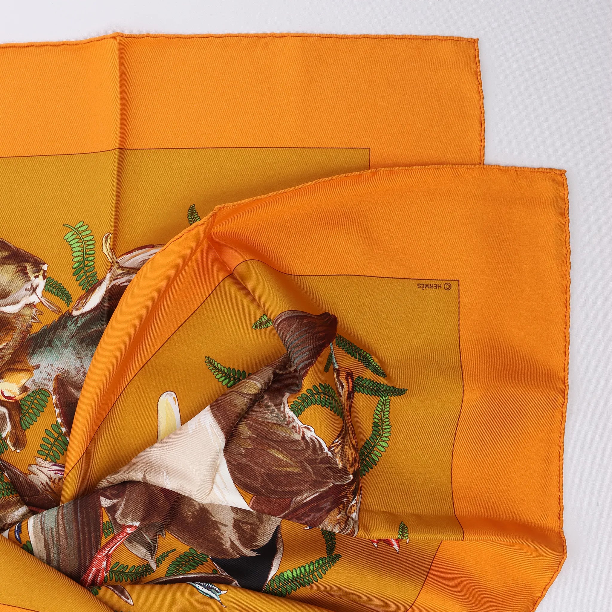 Hermès Carré 90 "GIBIERS" Silk handkerchief in Orange