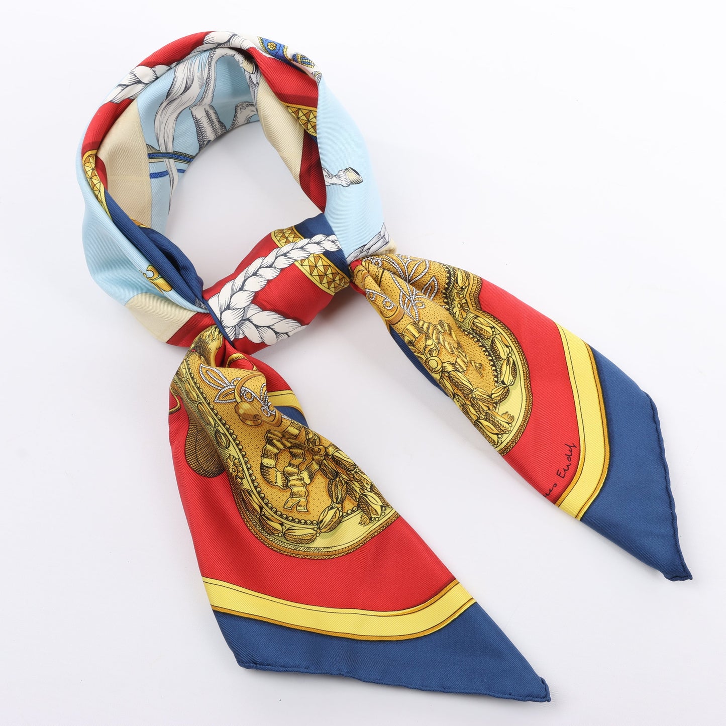 Hermès Carré 90 "GRAND APPARAT" 100% Silk Scarf in Navy x Red