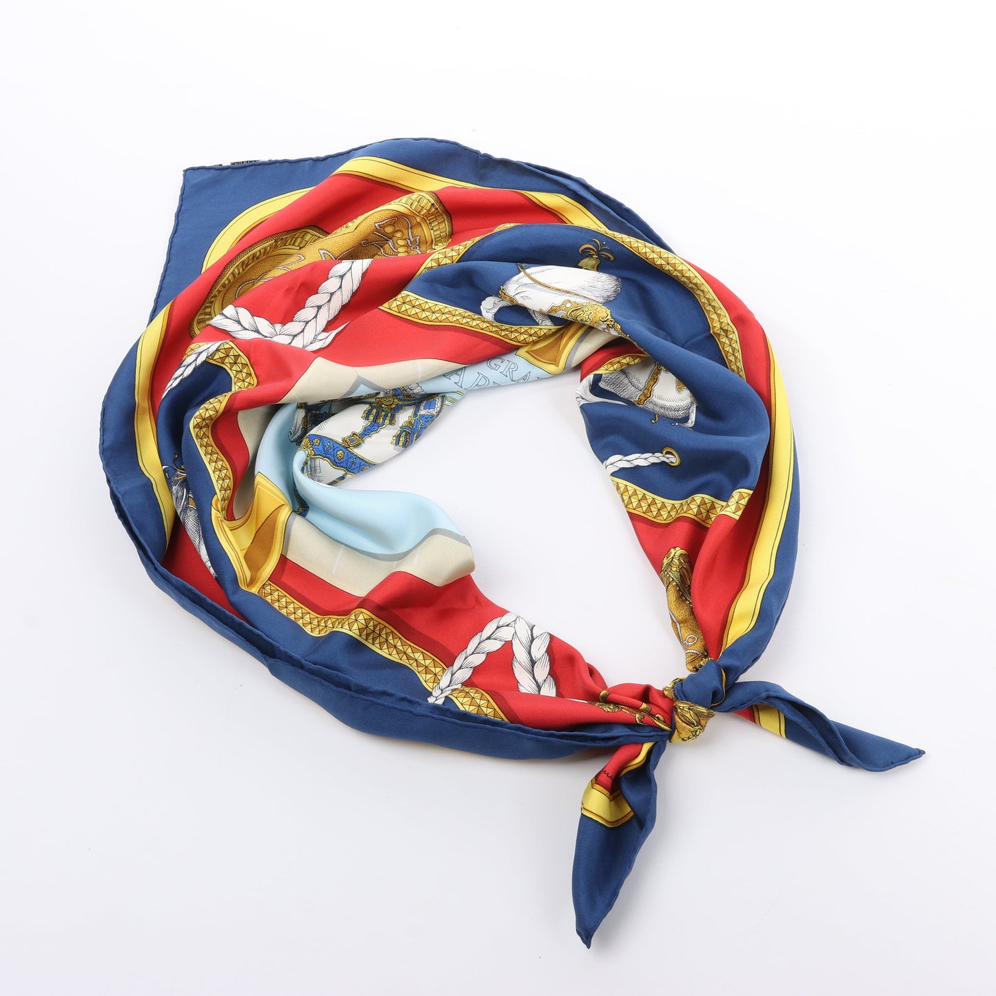 Hermès Carré 90 "GRAND APPARAT" 100% Silk Scarf in Navy x Red