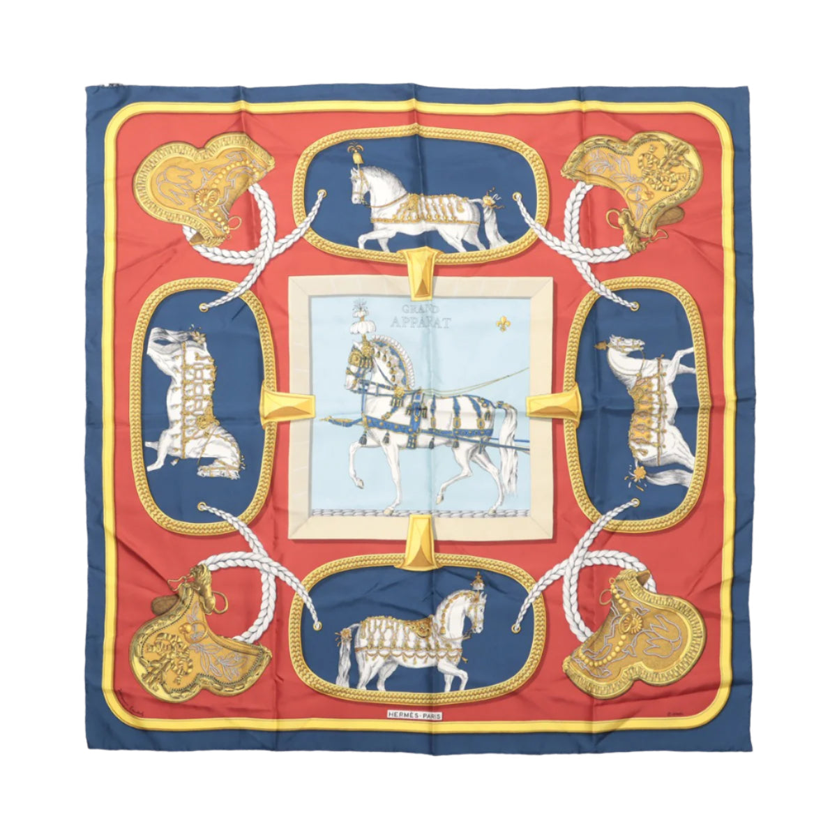 Hermès Carré 90 "GRAND APPARAT" 100% Silk Scarf in Navy x Red