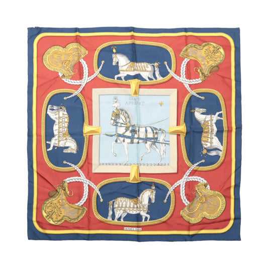 Hermès Carré 90 "GRAND APPARAT" 100% Silk Scarf in Navy x Red