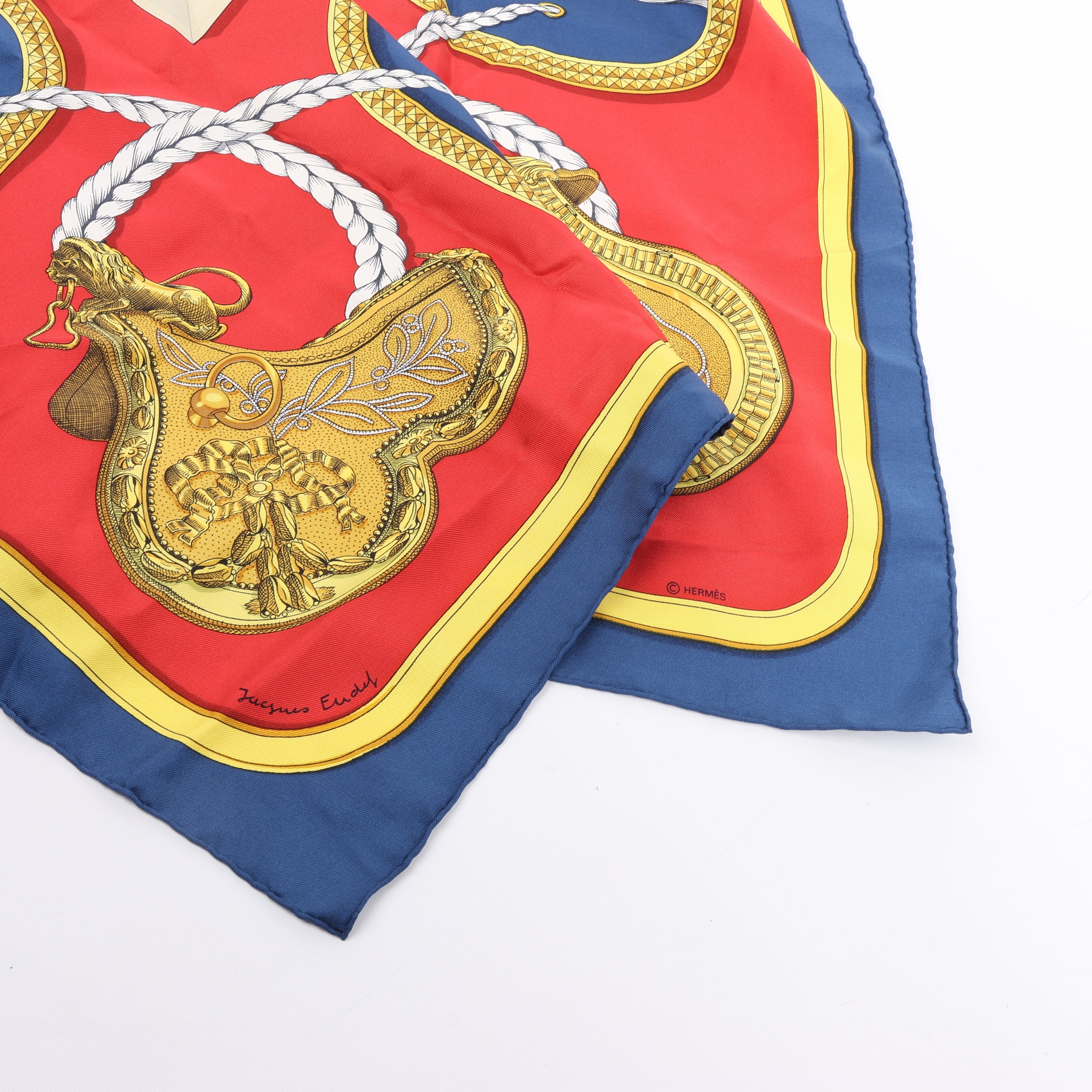 Hermès Carré 90 "GRAND APPARAT" 100% Silk Scarf in Navy x Red