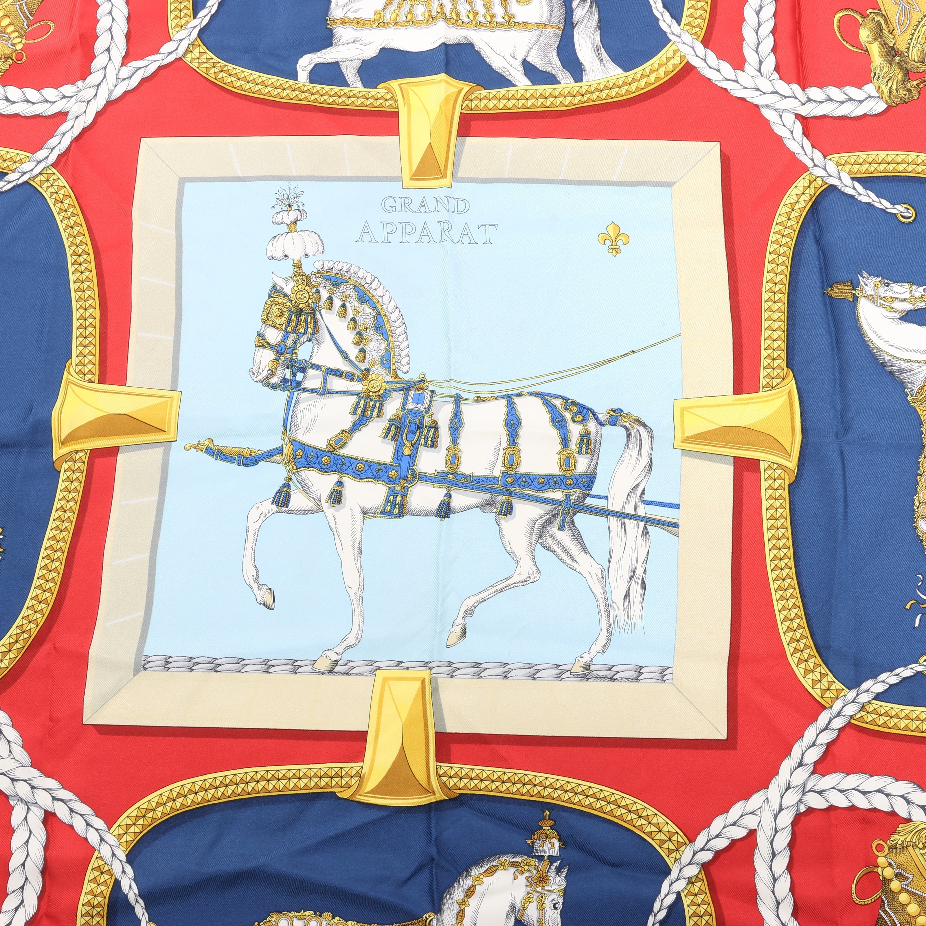 Hermès Carré 90 "GRAND APPARAT" 100% Silk Scarf in Navy x Red