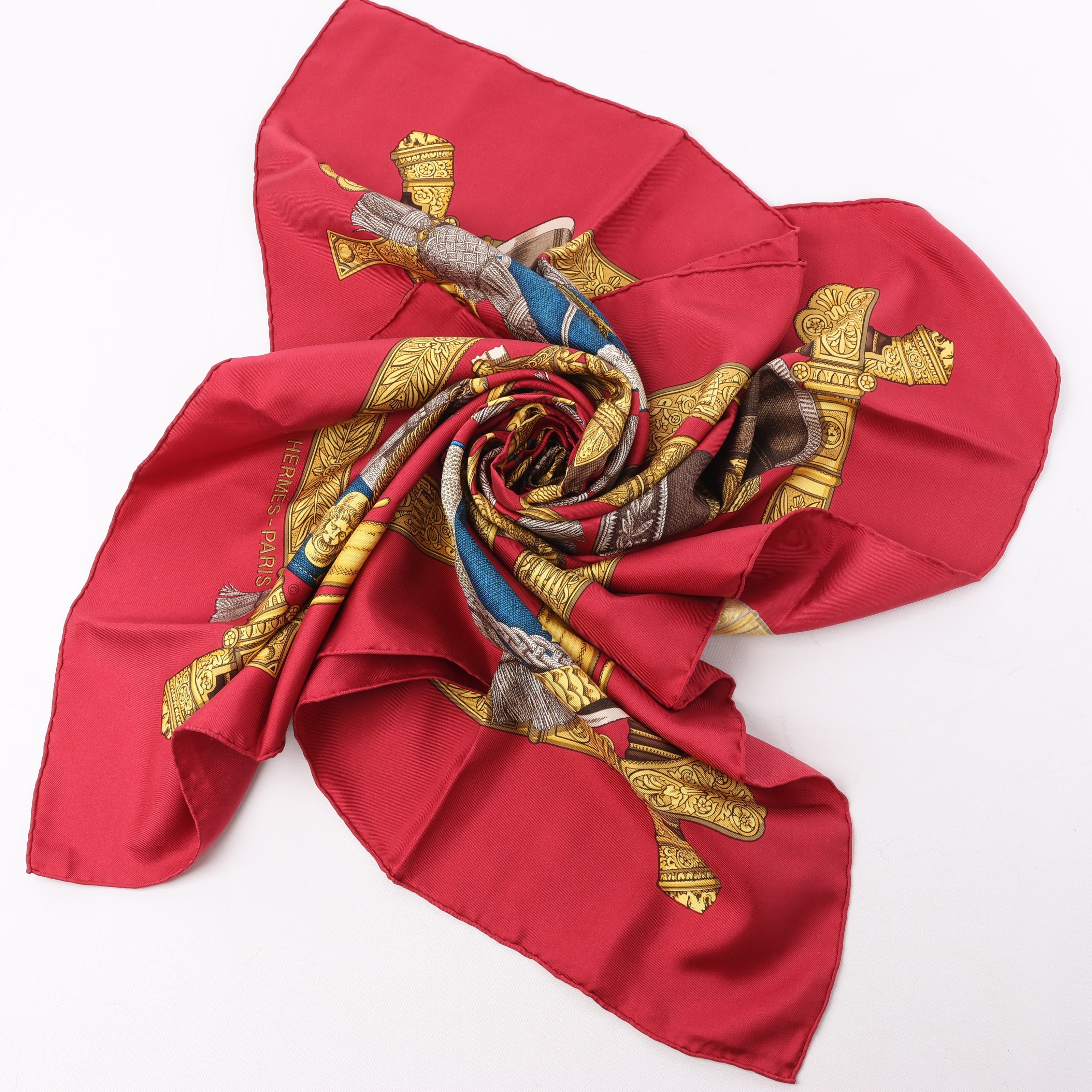 Hermès Carré 90 "GRAND UNIFORME" 100% Silk Scarf in Burgundy