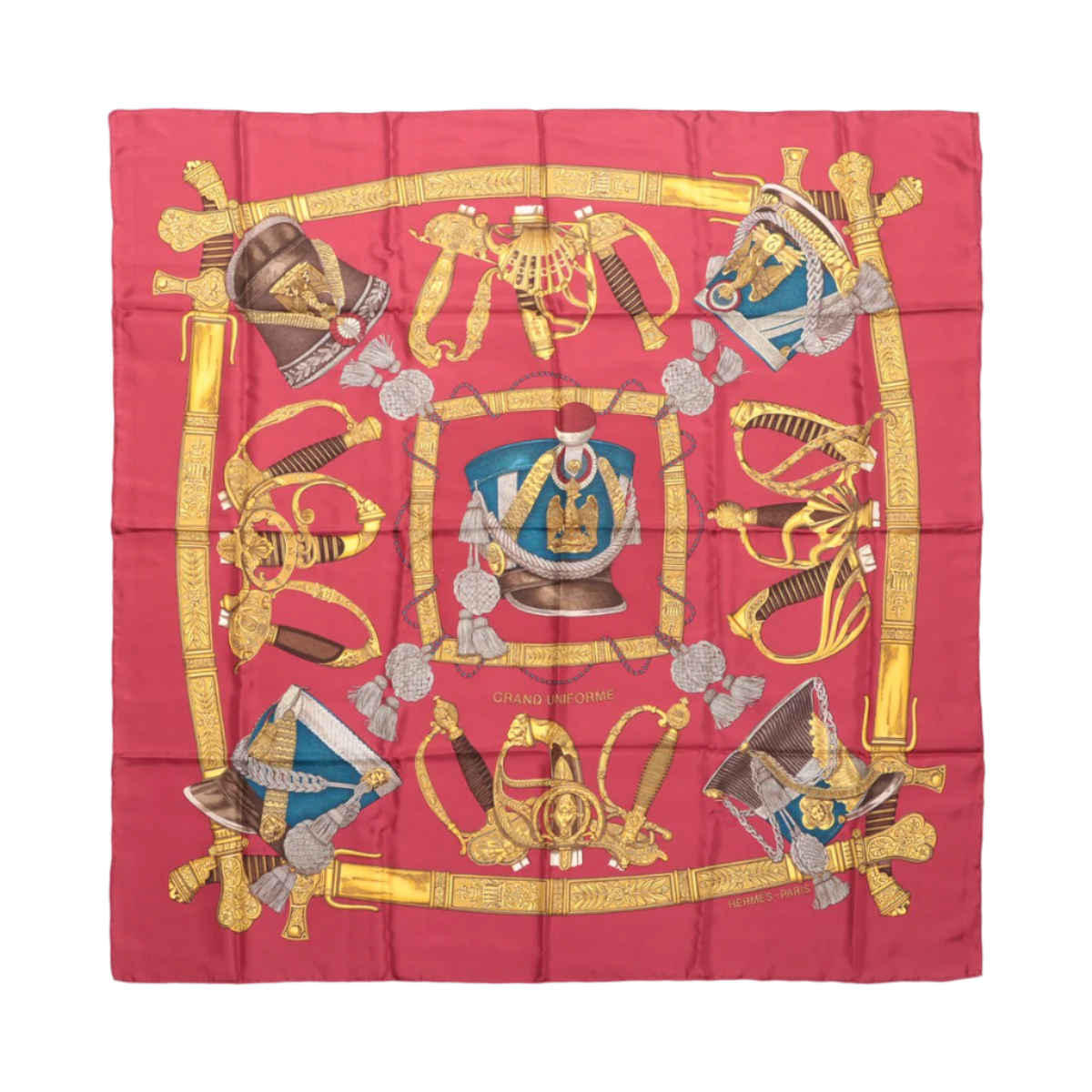 Hermès Carré 90 "GRAND UNIFORME" 100% Silk Scarf in Burgundy