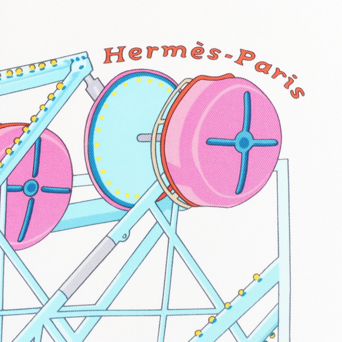 Hermès Carré 90 "GRANDE ROUE" Silk handkerchief in White x Blue