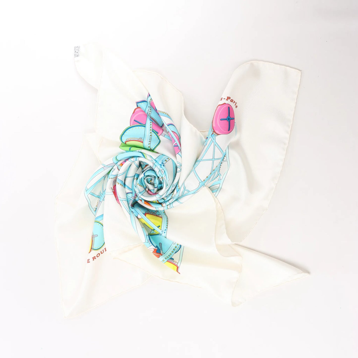 Hermès Carré 90 "GRANDE ROUE" Silk handkerchief in White x Blue