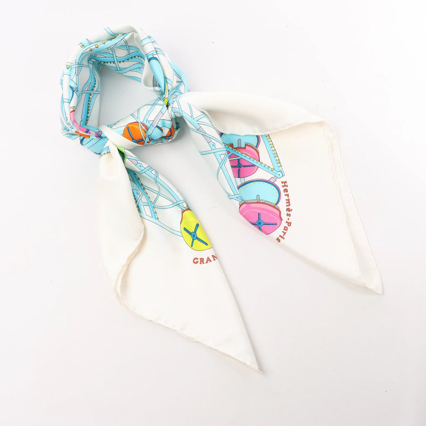 Hermès Carré 90 "GRANDE ROUE" Silk handkerchief in White x Blue