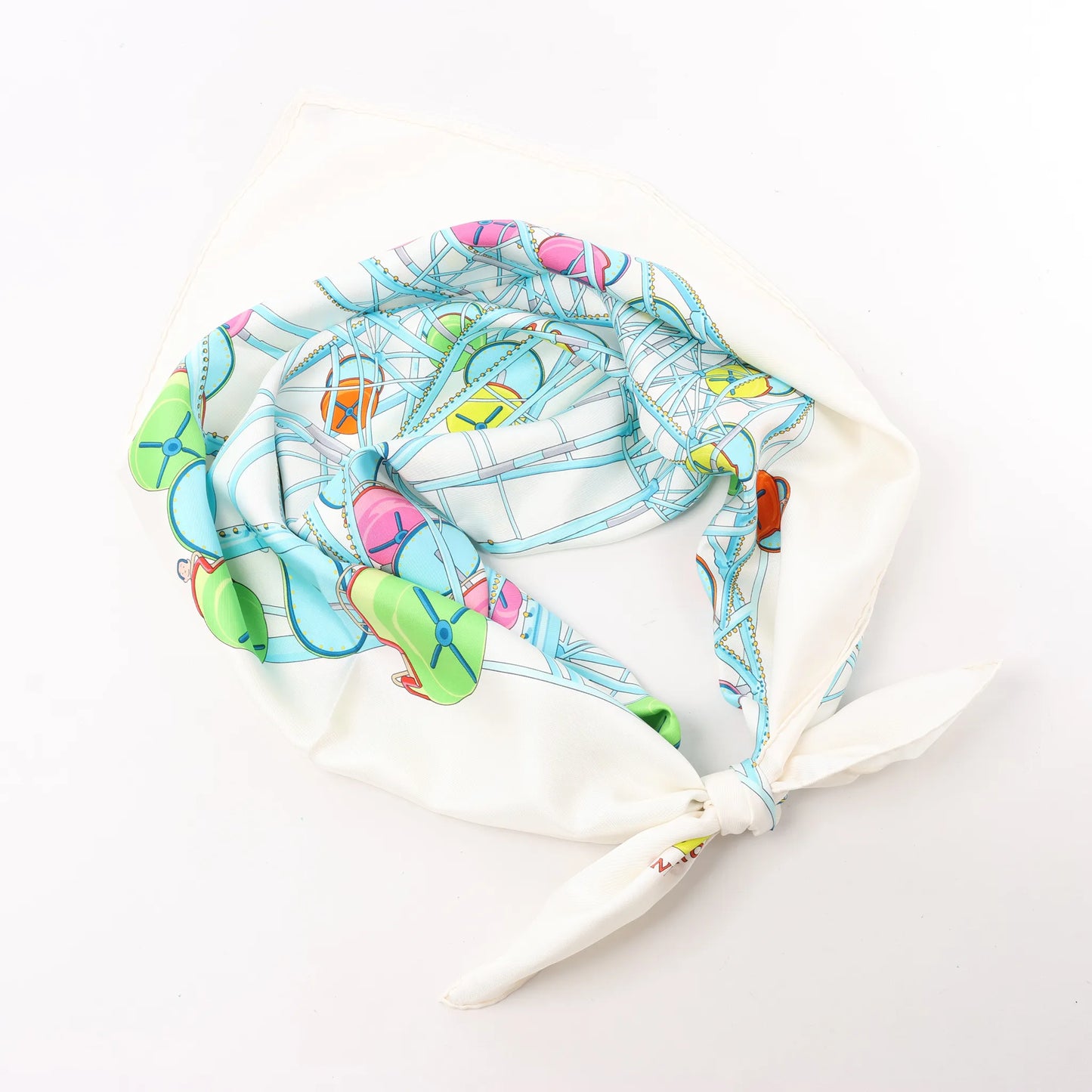 Hermès Carré 90 "GRANDE ROUE" Silk handkerchief in White x Blue