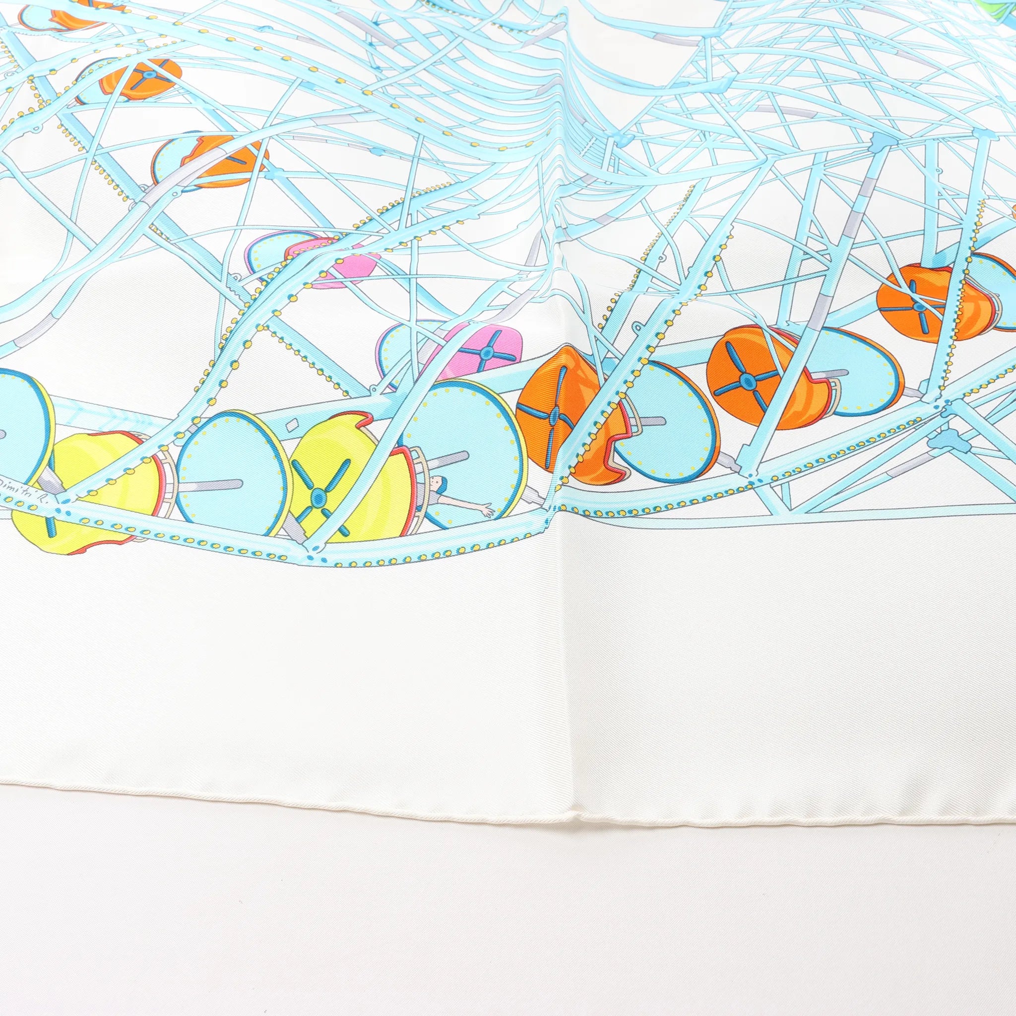 Hermès Carré 90 "GRANDE ROUE" Silk handkerchief in White x Blue