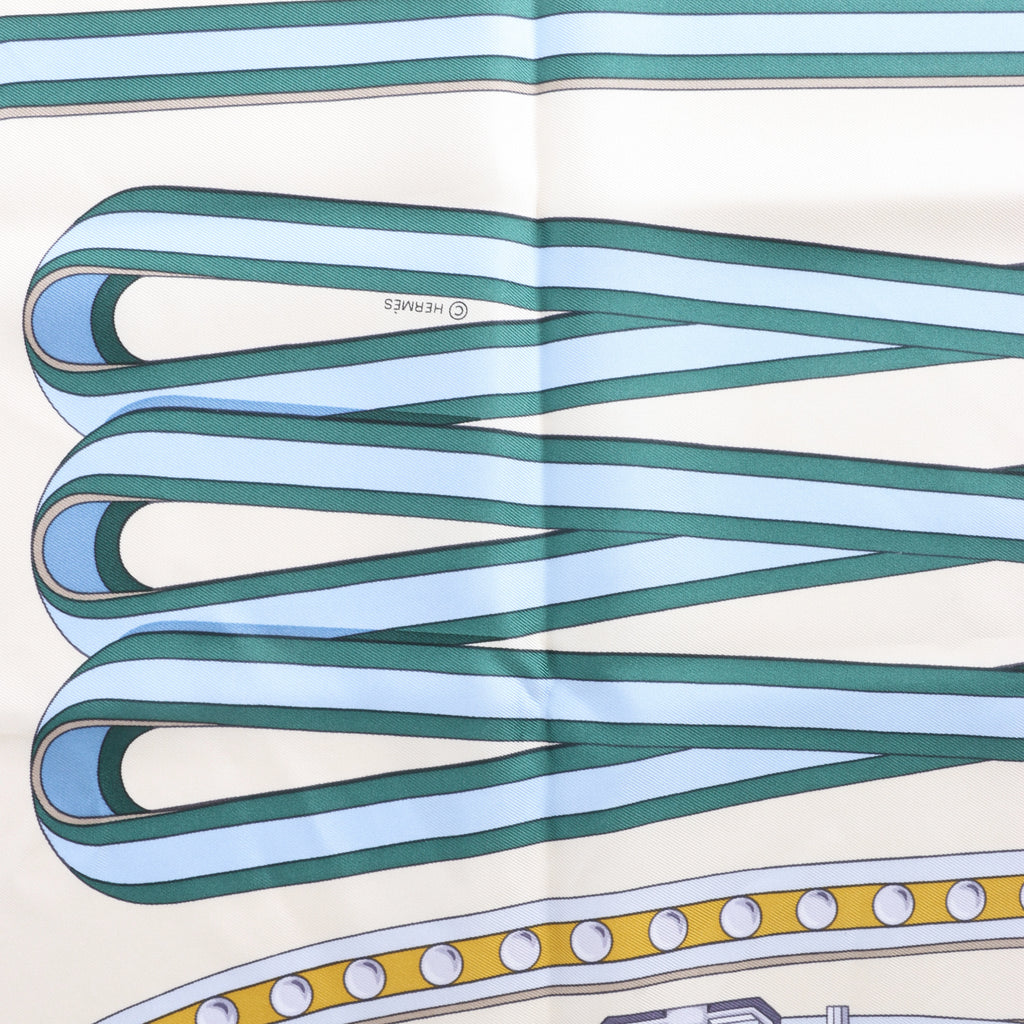 Hermès Carré 90 "Grand Tralala" Silk handkerchief in Beige x Blue