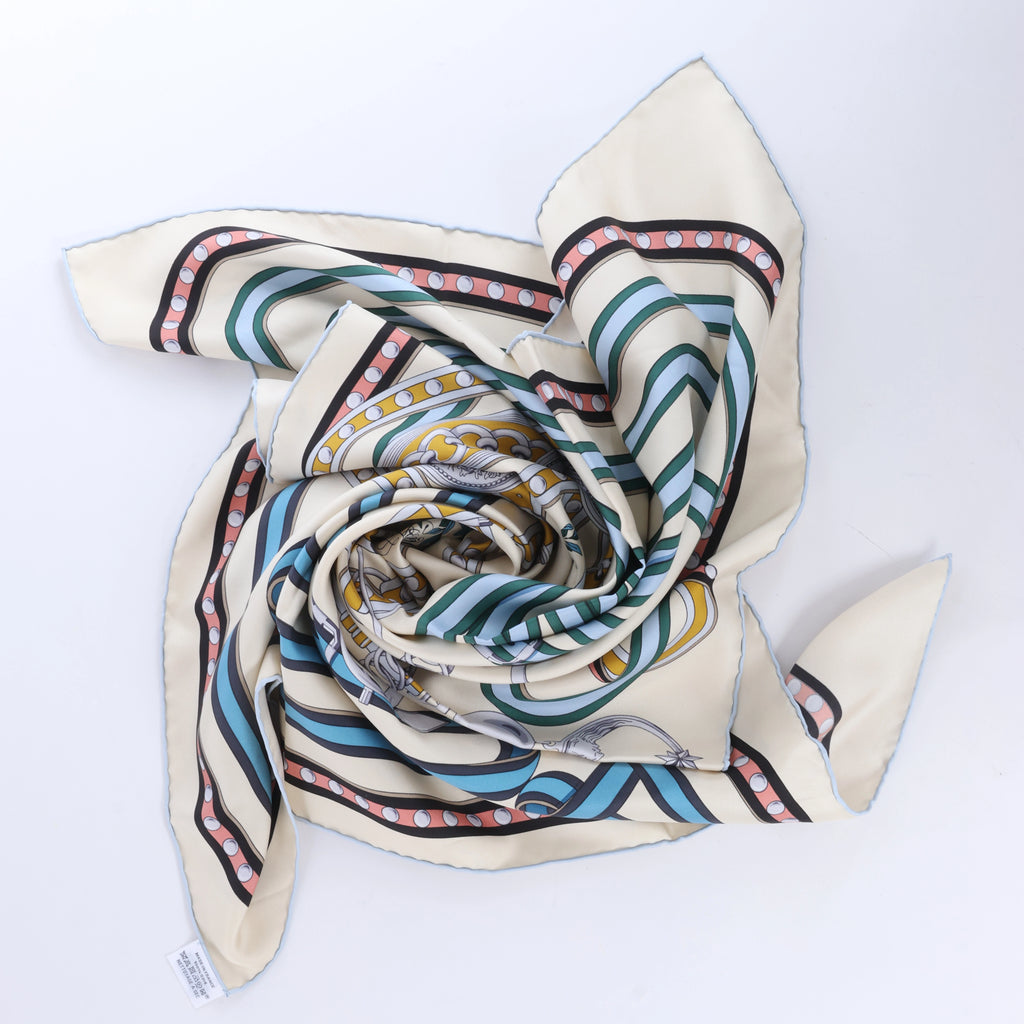 Hermès Carré 90 "Grand Tralala" Silk handkerchief in Beige x Blue