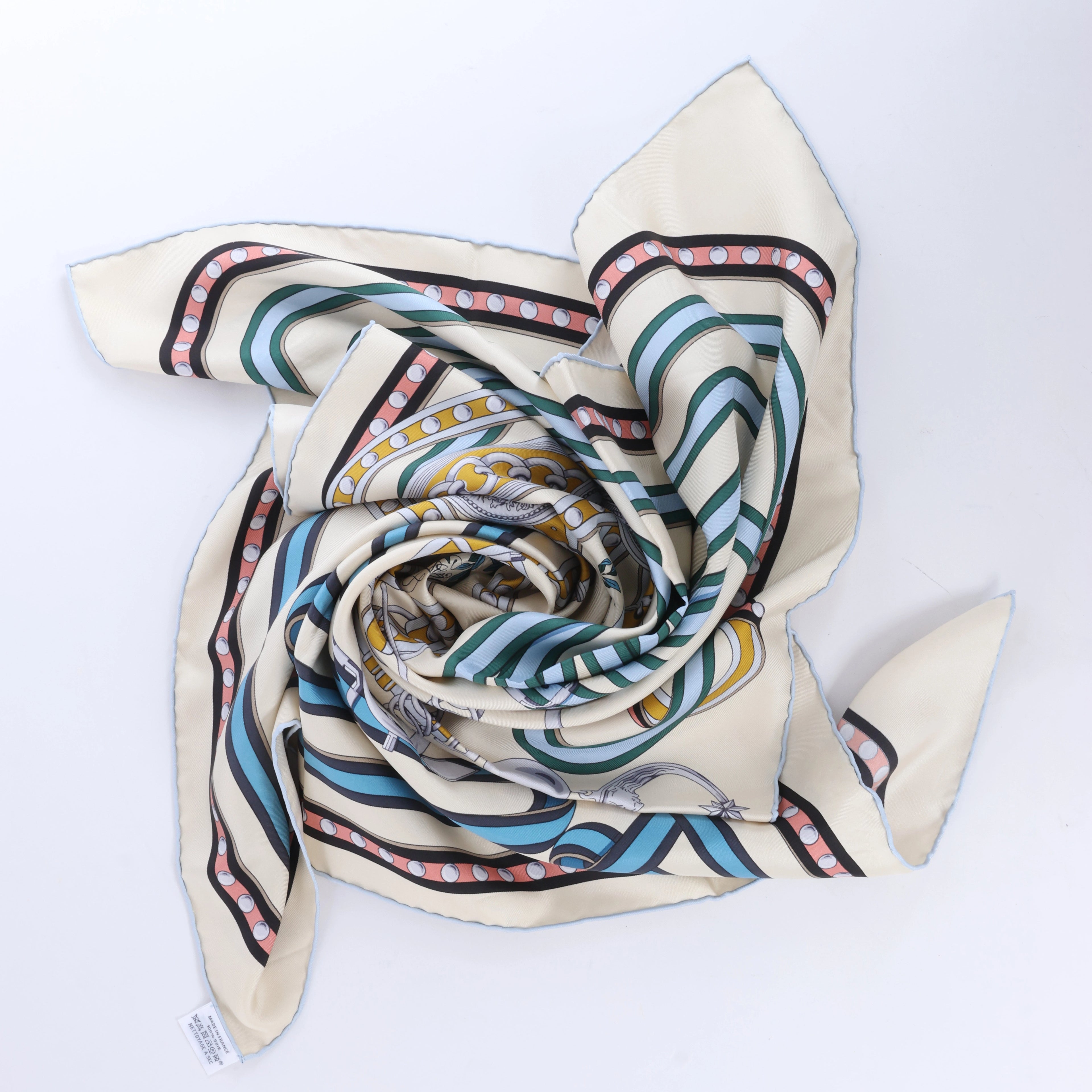 Hermès Carré 90 "Grand Tralala" Silk handkerchief in Beige x Blue