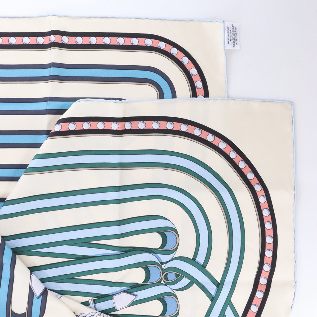 Hermès Carré 90 "Grand Tralala" Silk handkerchief in Beige x Blue
