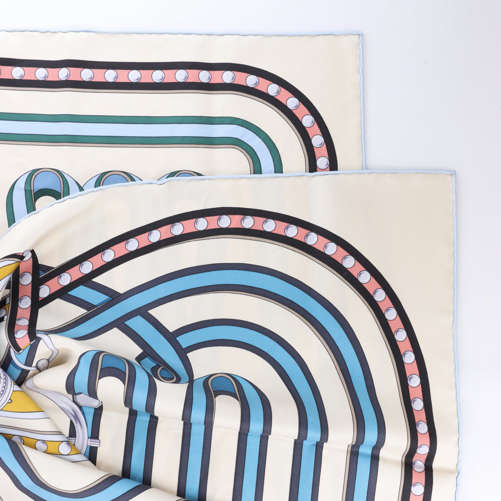 Hermès Carré 90 "Grand Tralala" Silk handkerchief in Beige x Blue