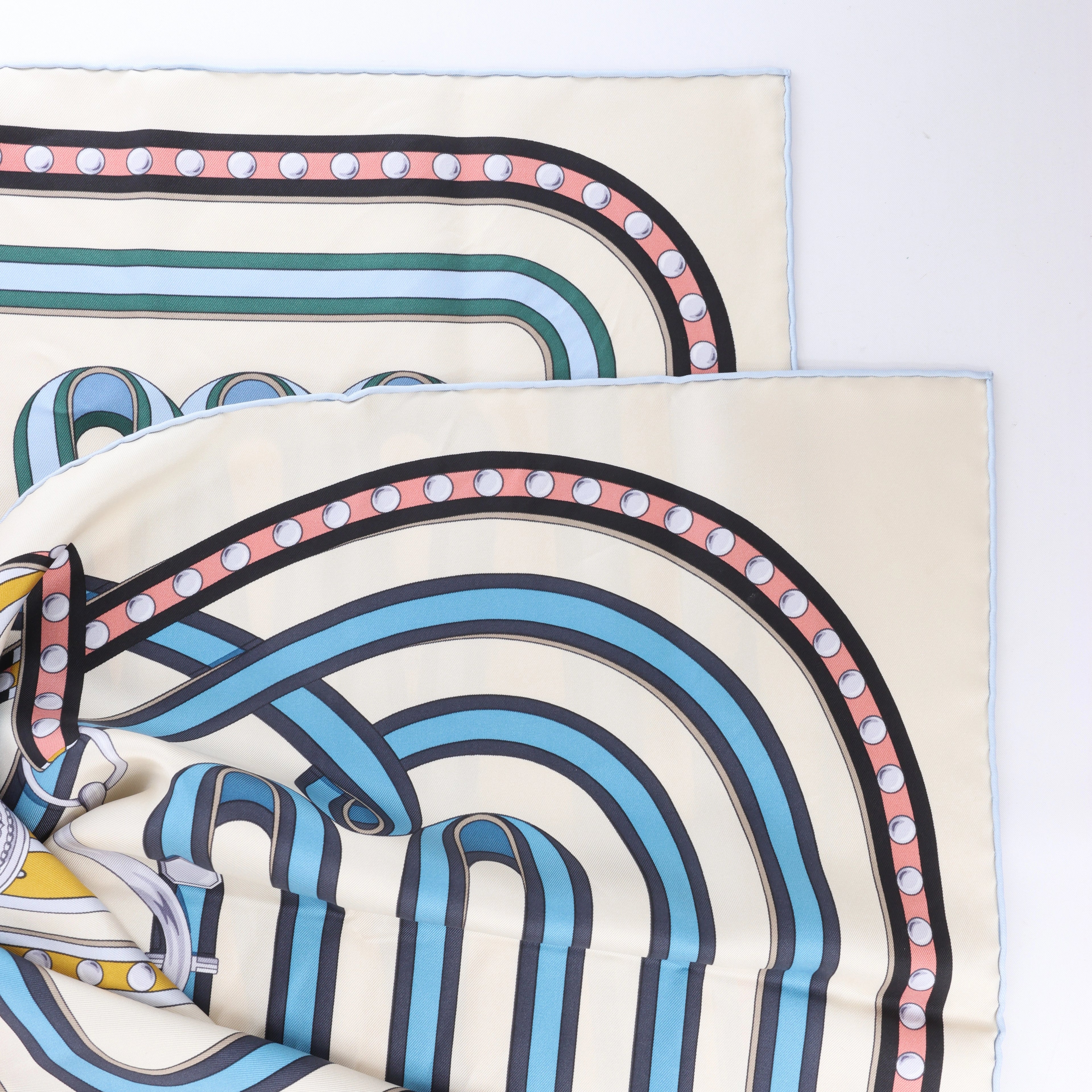Hermès Carré 90 "Grand Tralala" Silk handkerchief in Beige x Blue