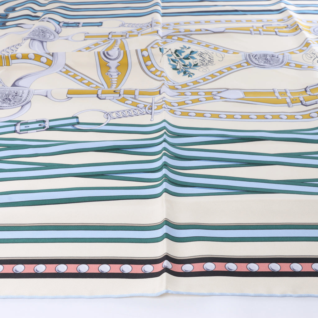 Hermès Carré 90 "Grand Tralala" Silk handkerchief in Beige x Blue