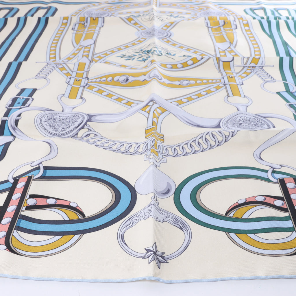 Hermès Carré 90 "Grand Tralala" Silk handkerchief in Beige x Blue