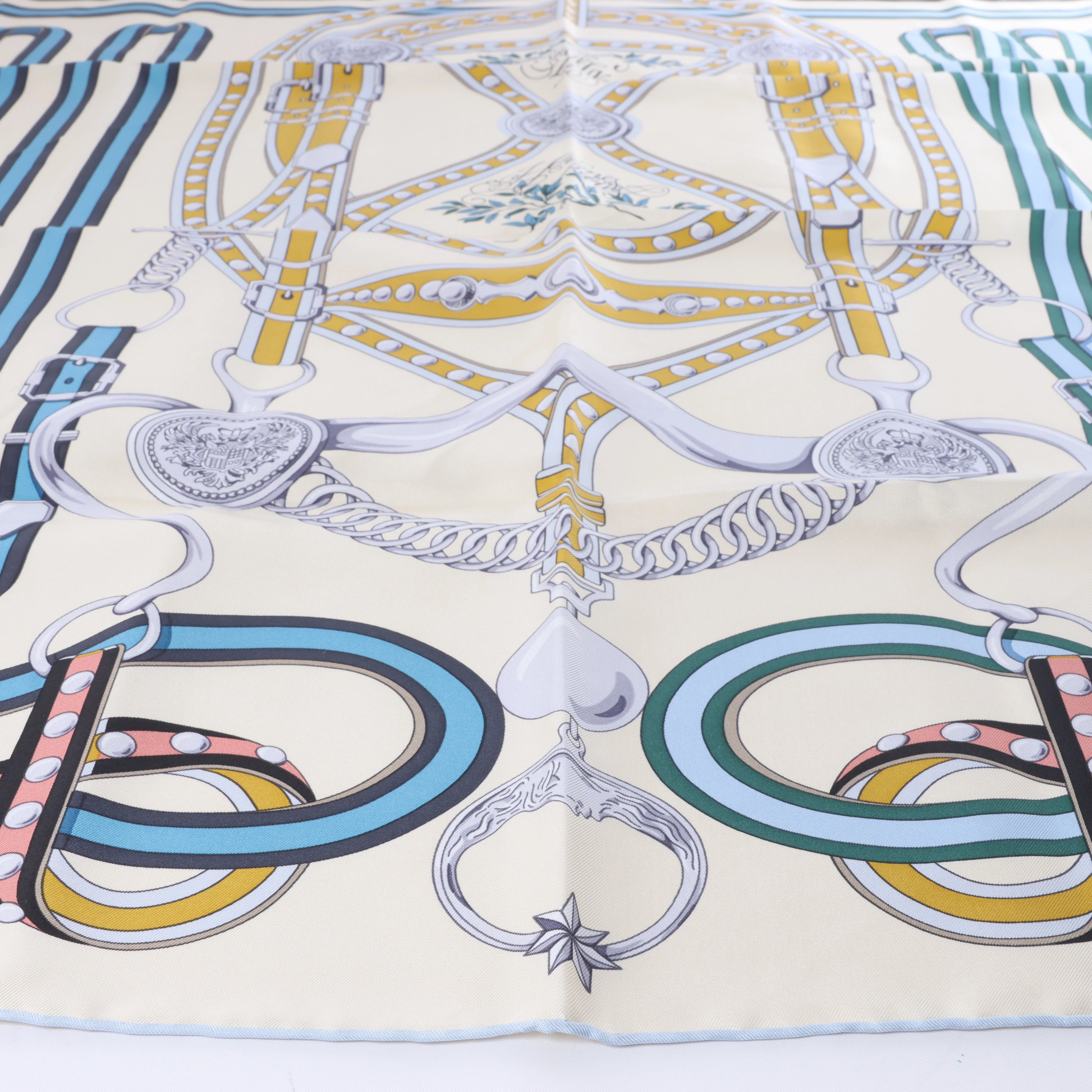 Hermès Carré 90 "Grand Tralala" Silk handkerchief in Beige x Blue