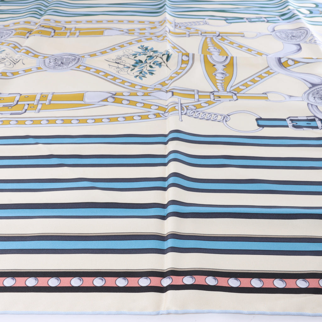 Hermès Carré 90 "Grand Tralala" Silk handkerchief in Beige x Blue