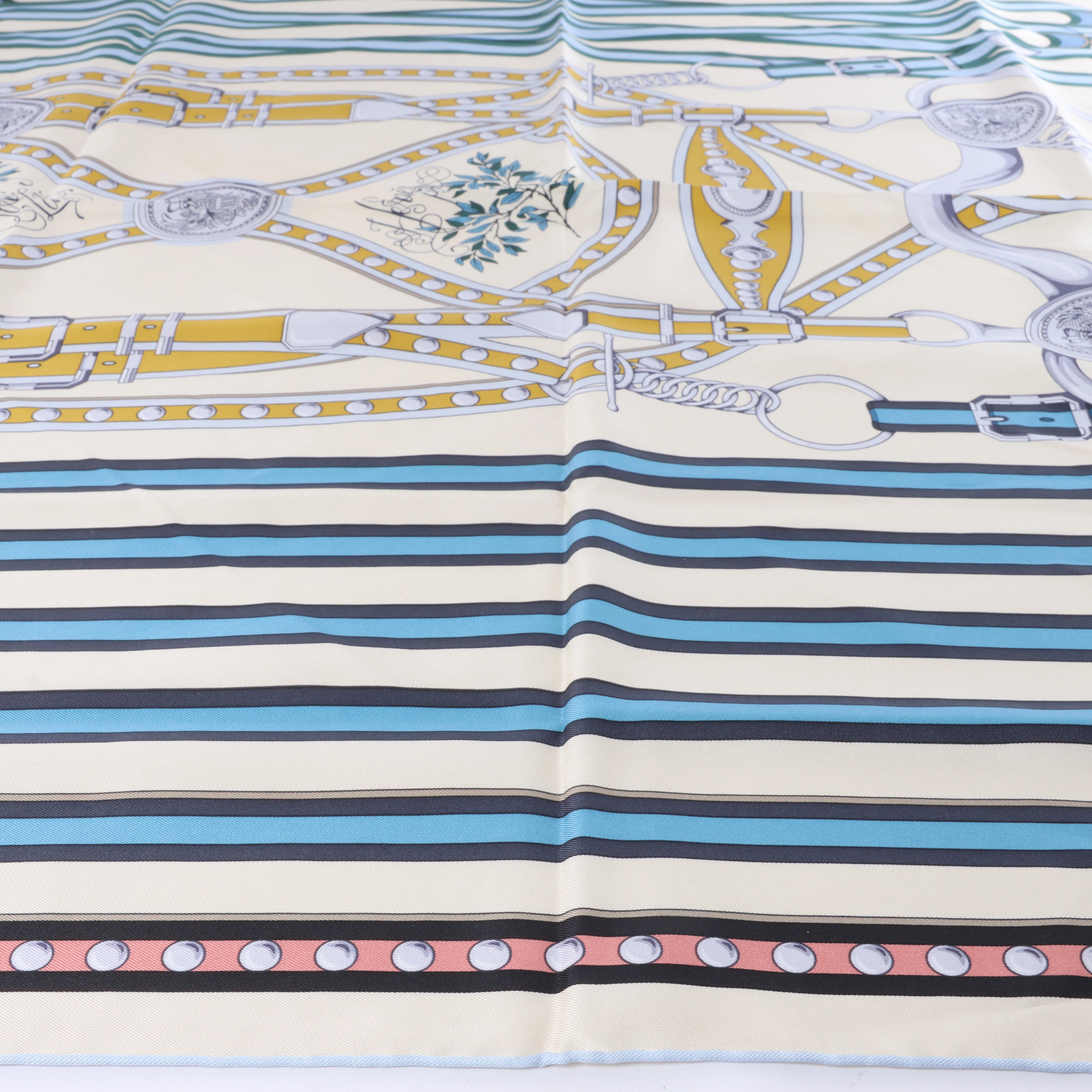 Hermès Carré 90 "Grand Tralala" Silk handkerchief in Beige x Blue
