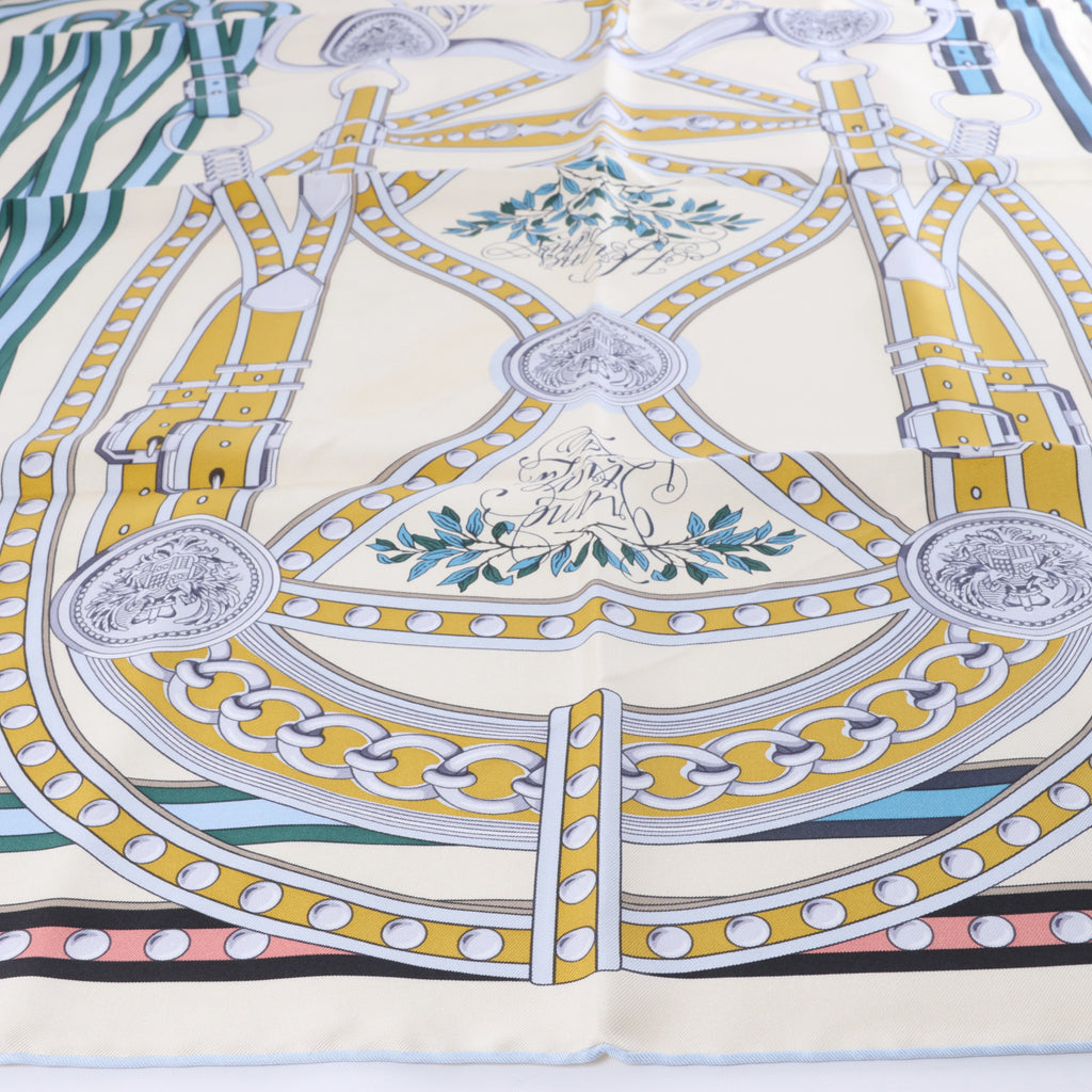 Hermès Carré 90 "Grand Tralala" Silk handkerchief in Beige x Blue