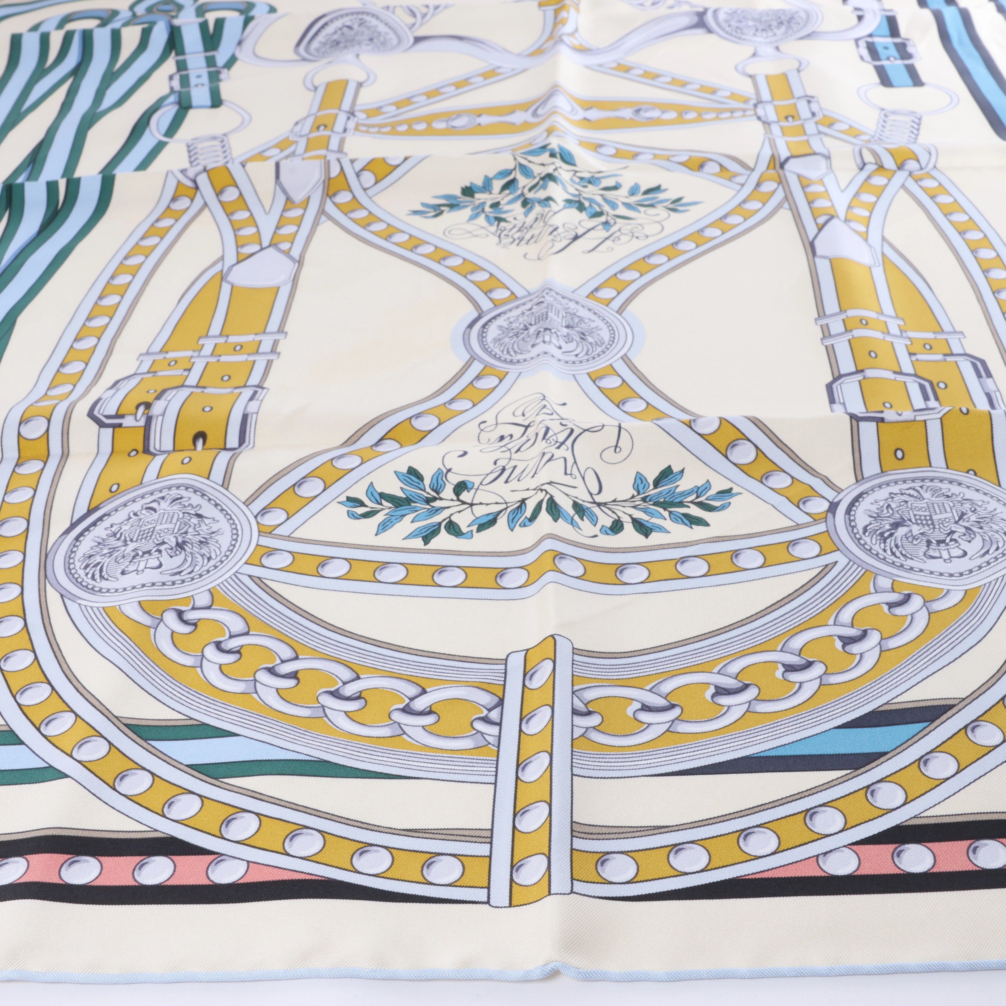 Hermès Carré 90 "Grand Tralala" Silk handkerchief in Beige x Blue