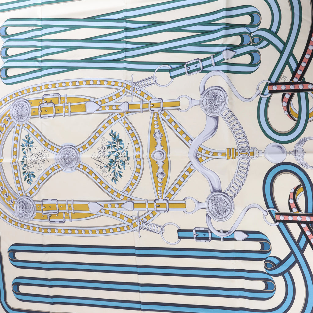 Hermès Carré 90 "Grand Tralala" Silk handkerchief in Beige x Blue
