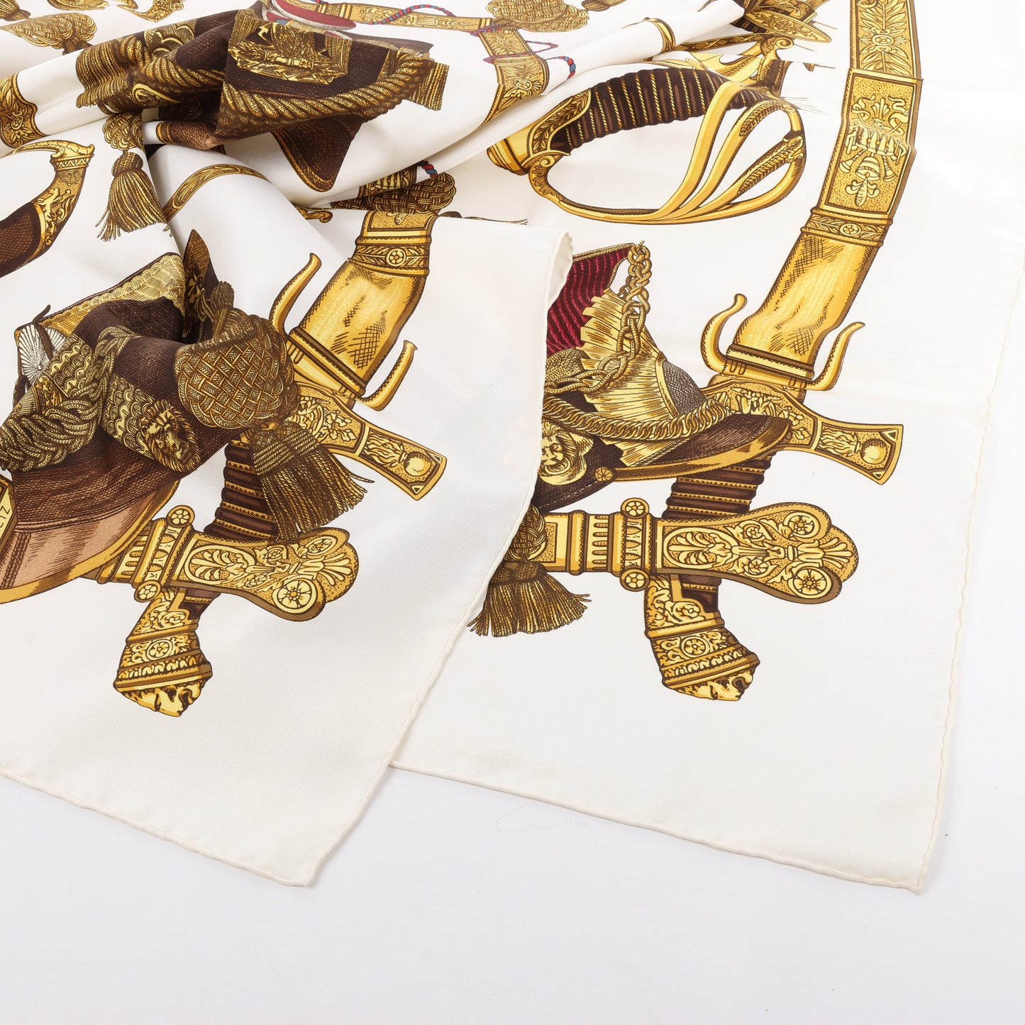 Hermès Carré 90 "Grand Uniforme" 100% Silk Scarf in Brown and Ecru
