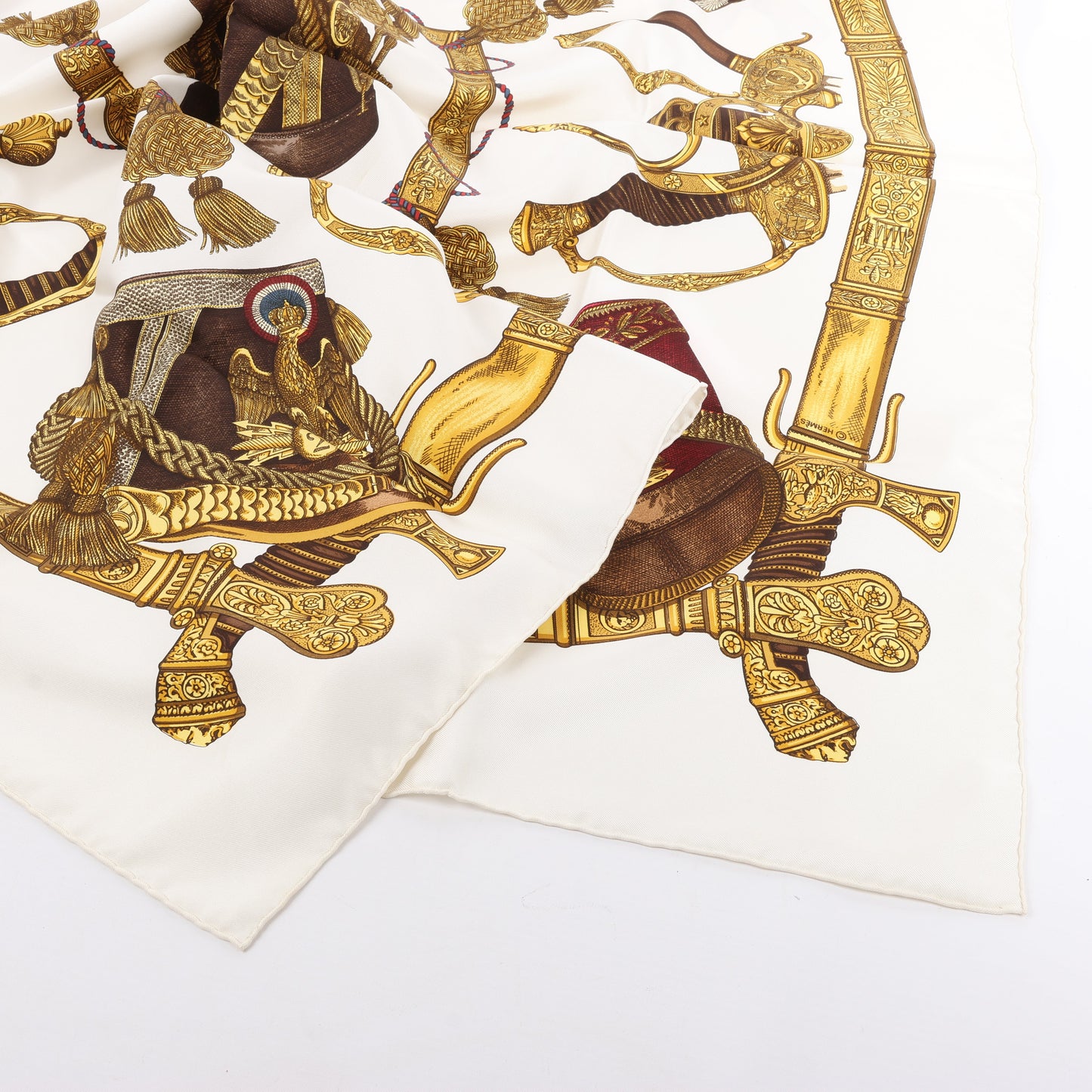Hermès Carré 90 "Grand Uniforme" 100% Silk Scarf in Brown and Ecru