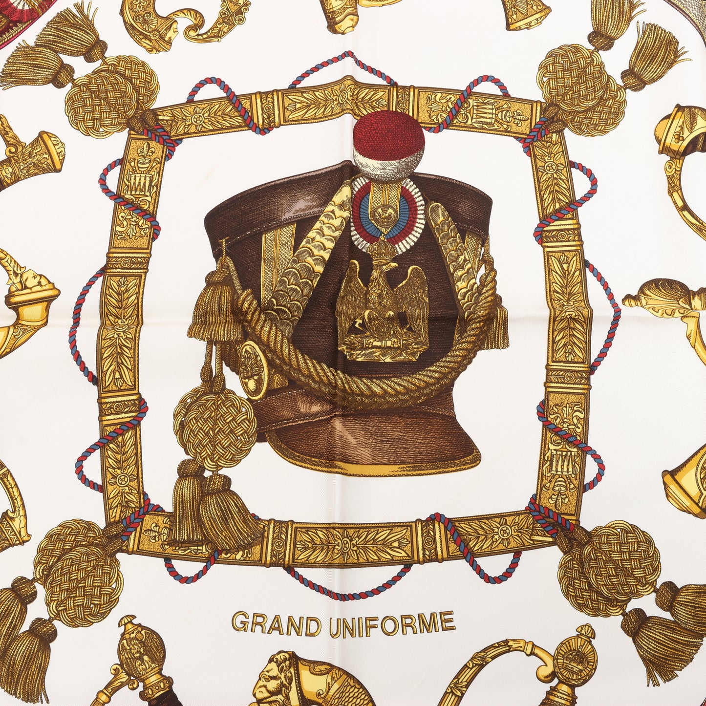 Hermès Carré 90 "Grand Uniforme" 100% Silk Scarf in Brown and Ecru