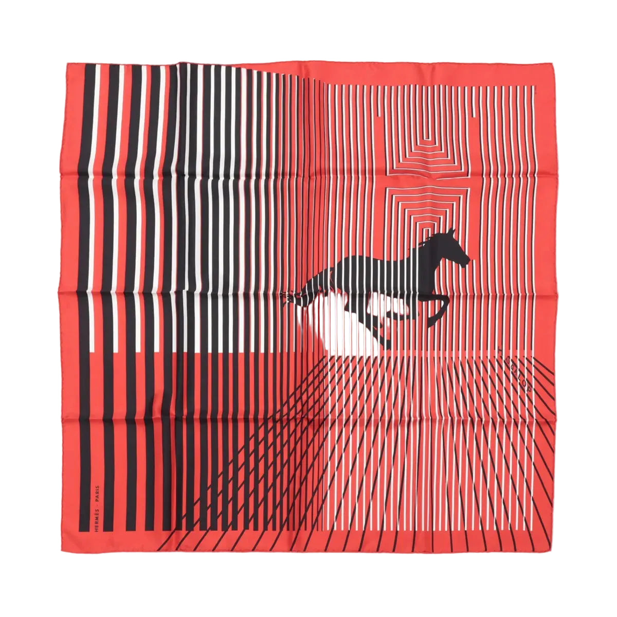 Hermès Carré 90 red silk scarf with black and white vertical stripes and a black galloping horse silhouette in the center.