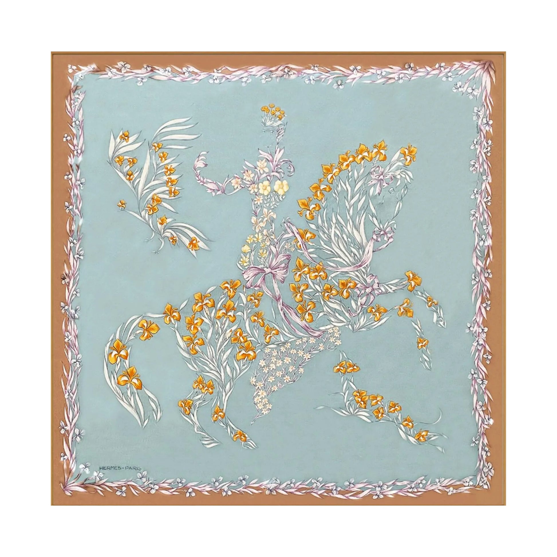 Hermès Carré 90 "H.d'Origny" silk scarf in blue featuring a floral composition forming a rider on horseback, detailed with yellow and white blossoms and framed by a brown floral border.