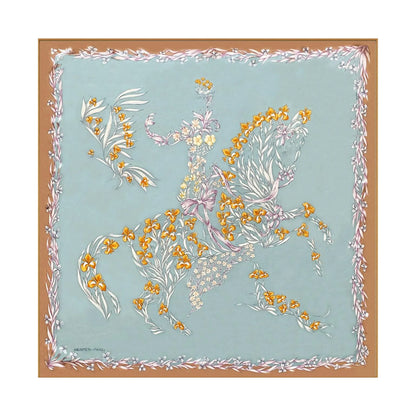 Hermès Carré 90 "H.d'Origny" silk scarf in blue featuring a floral composition forming a rider on horseback, detailed with yellow and white blossoms and framed by a brown floral border.